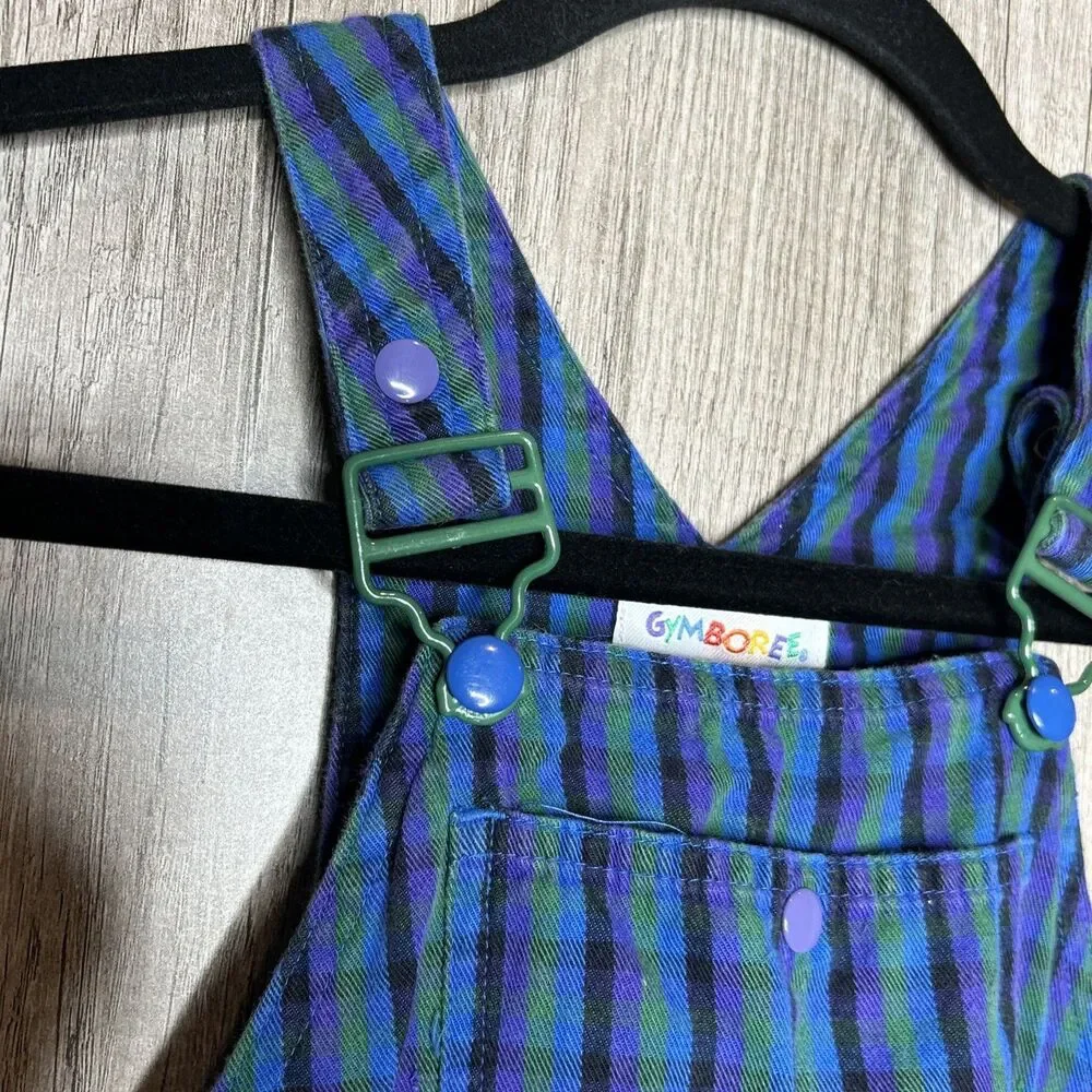 Vintage Gymboree Overalls Rainbow Tag Plaid Size M 2T - 3T Blue Green